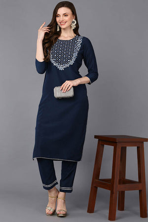 Blue Silk Blend Round Neck Kurti
