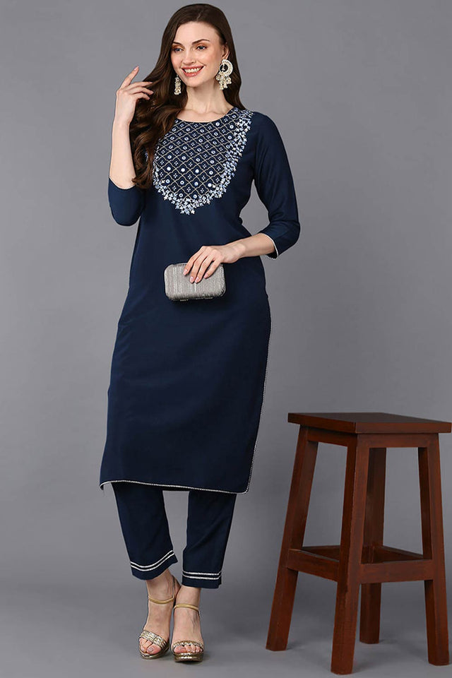 Blue Silk Blend Round Neck Kurti