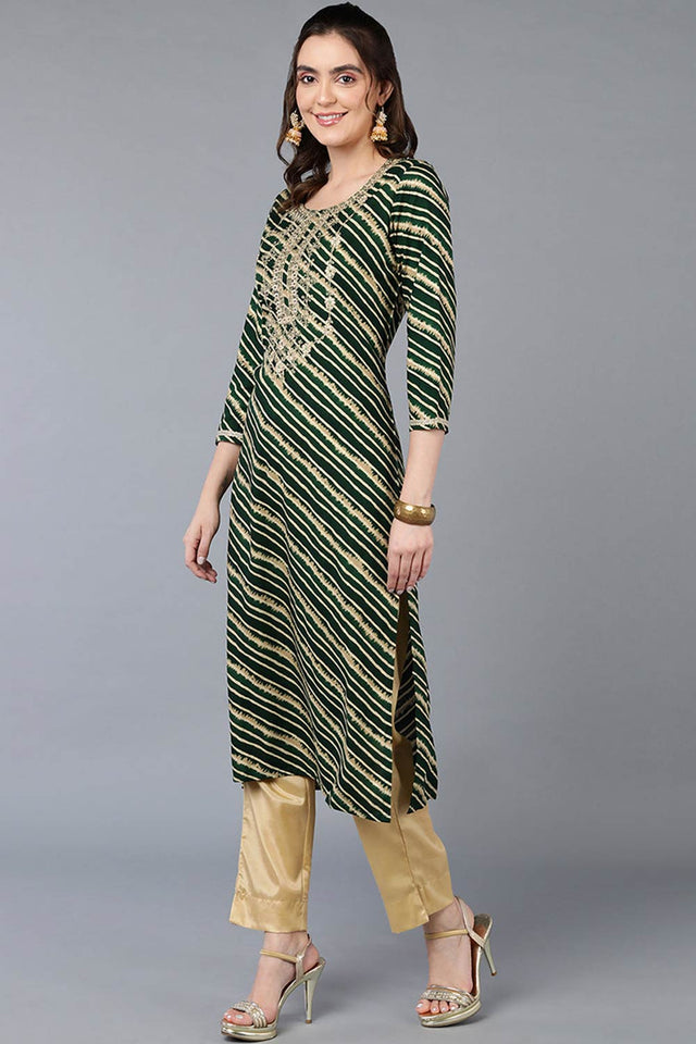 Green Rayon Leheriya Straight Kurti