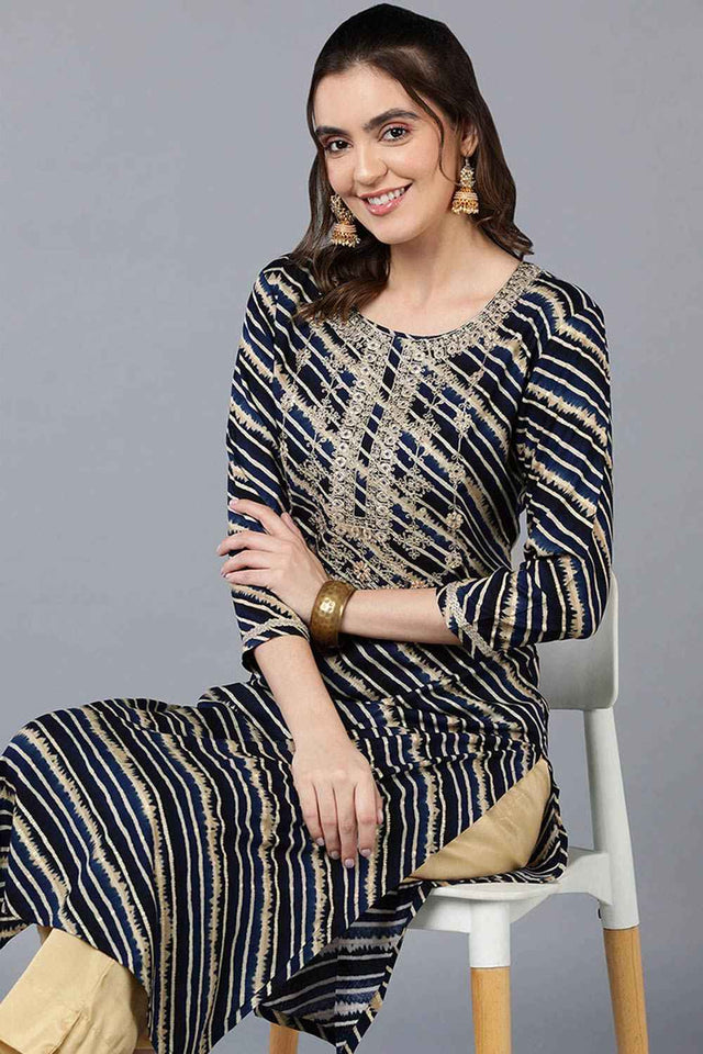 Blue Rayon Leheriya Straight Kurti