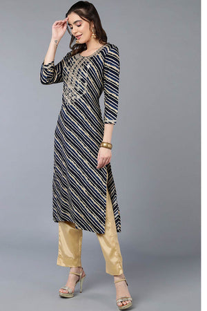 Blue Rayon Leheriya Straight Kurti