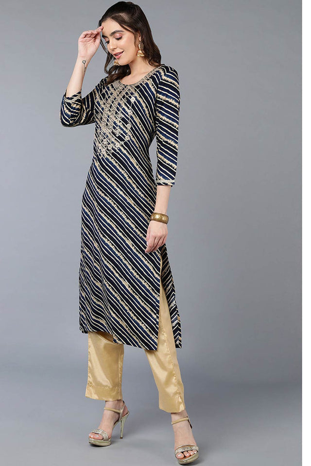 Blue Rayon Leheriya Straight Kurti