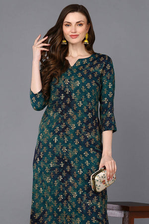 Blue Silk Blend Floral Print Round Neck Kurti
