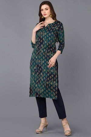 Blue Silk Blend Floral Print Round Neck Kurti