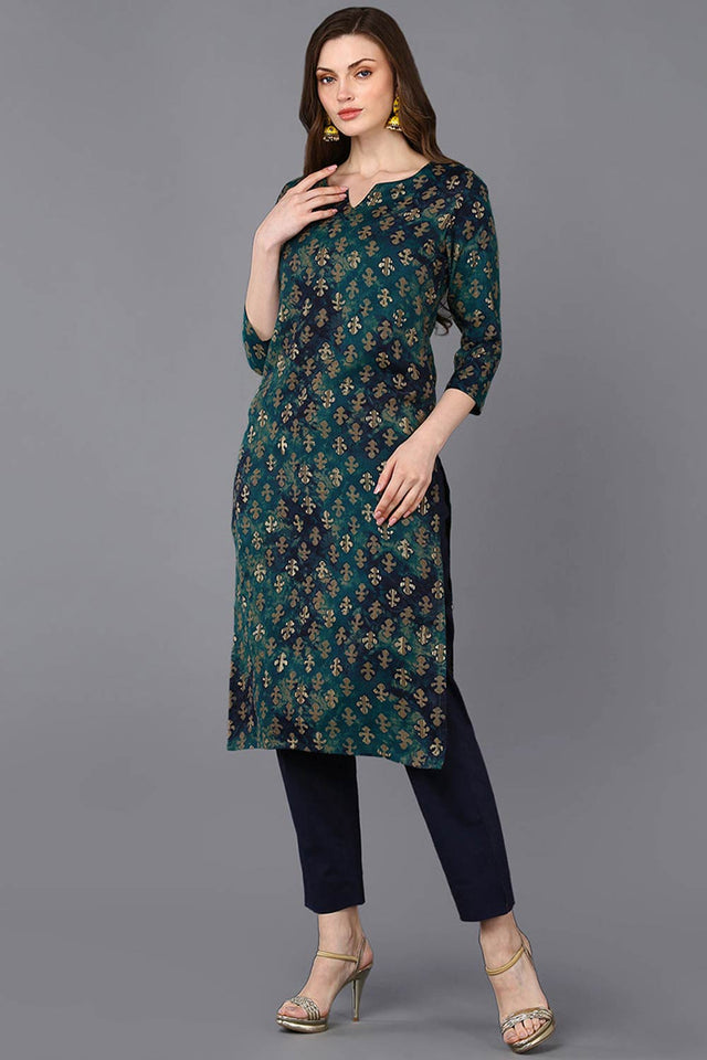 Blue Silk Blend Floral Print Round Neck Kurti