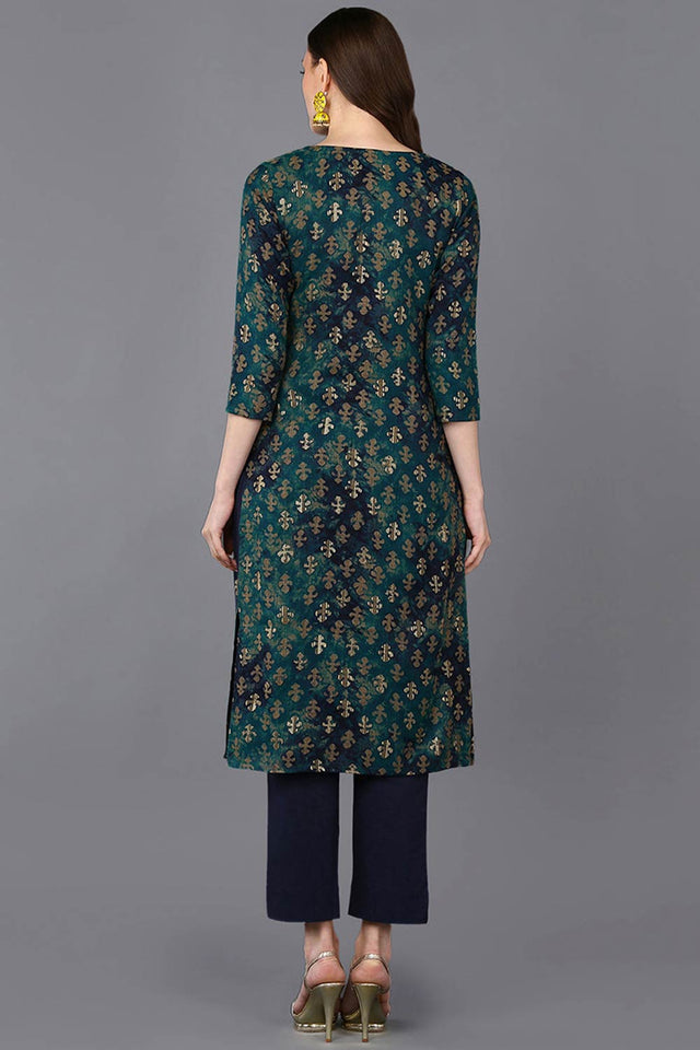 Blue Silk Blend Floral Print Round Neck Kurti