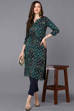 Blue Silk Blend Floral Print Round Neck Kurti