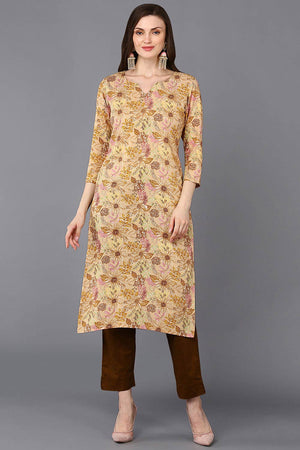 Beige Rayon Floral Straight Kurti