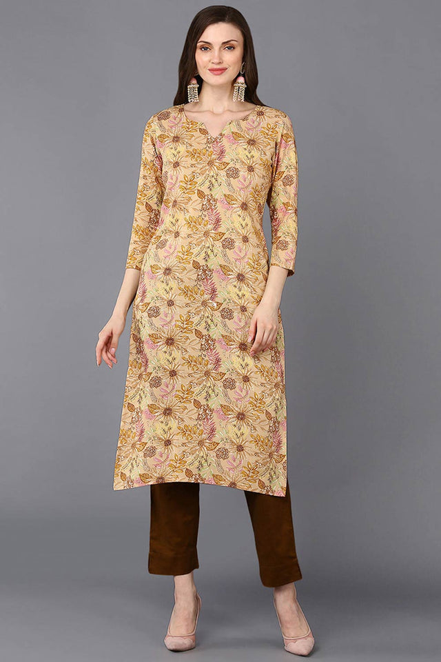 Beige Rayon Floral Straight Kurti