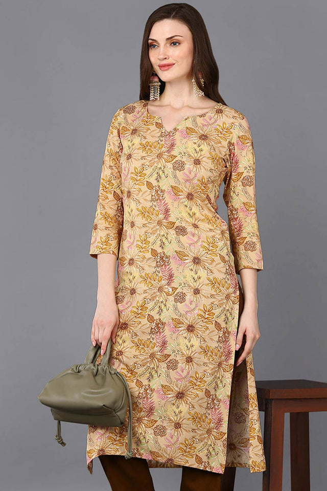 Beige Rayon Floral Straight Kurti