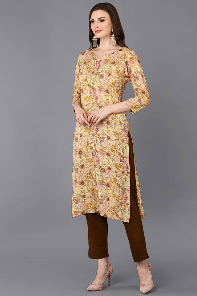 Beige Rayon Floral Straight Kurti