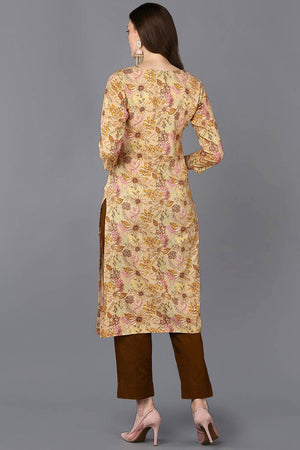 Beige Rayon Floral Straight Kurti