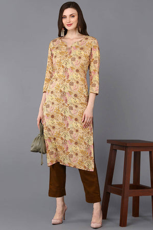 Beige Rayon Floral Straight Kurti
