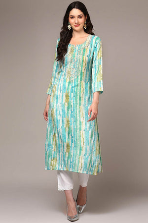 Blue Rayon Embroidered Round Neck Kurti