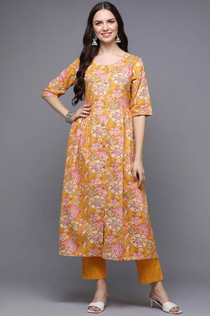 Yellow Cotton Floral Flared Fit Kurti