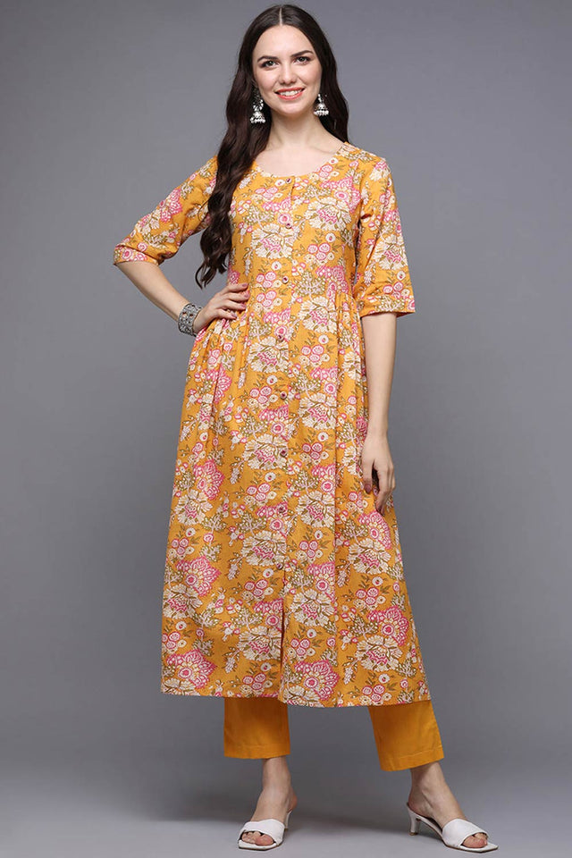 Yellow Cotton Floral Flared Fit Kurti