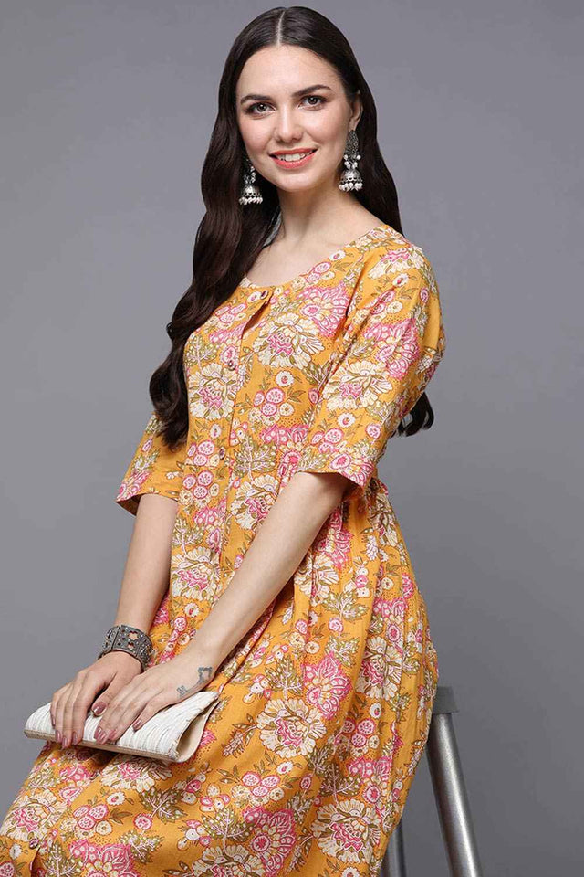 Yellow Cotton Floral Flared Fit Kurti