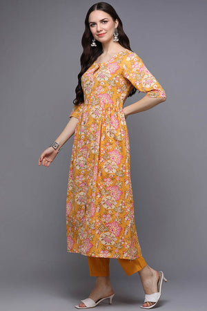 Yellow Cotton Floral Flared Fit Kurti