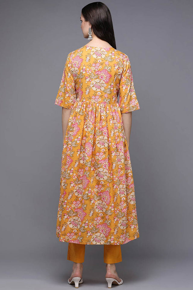 Yellow Cotton Floral Flared Fit Kurti
