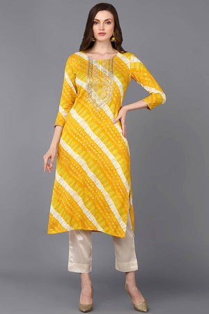 Yellow Rayon Floral Print Round Neck Kurti