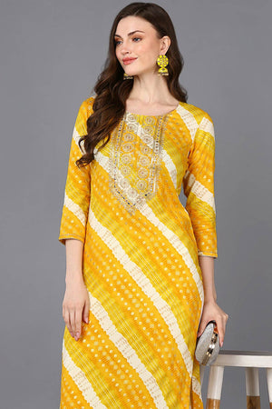Yellow Rayon Floral Print Round Neck Kurti