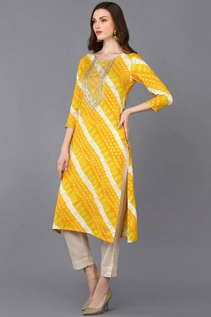 Yellow Rayon Floral Print Round Neck Kurti