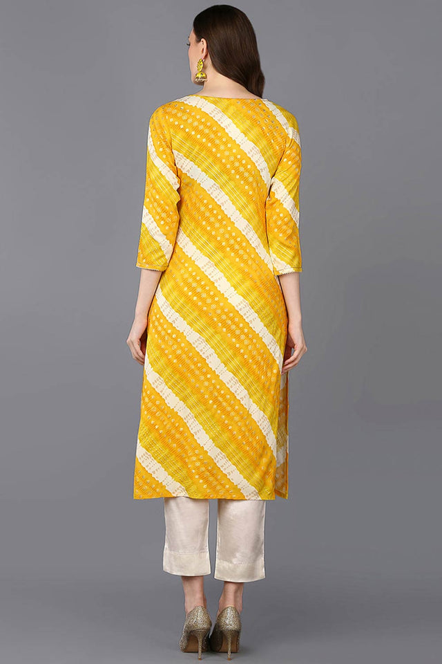 Yellow Rayon Floral Print Round Neck Kurti