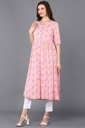 Pink Cotton Printed Flared Fit Kurti