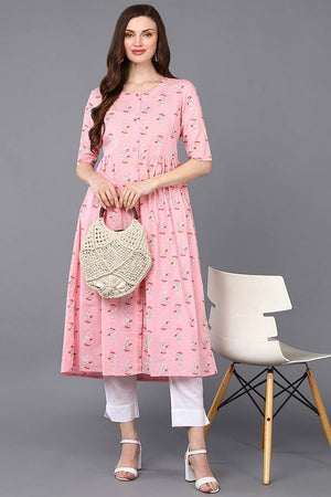 Pink Cotton Printed Flared Fit Kurti