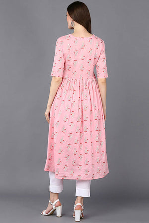 Pink Cotton Printed Flared Fit Kurti
