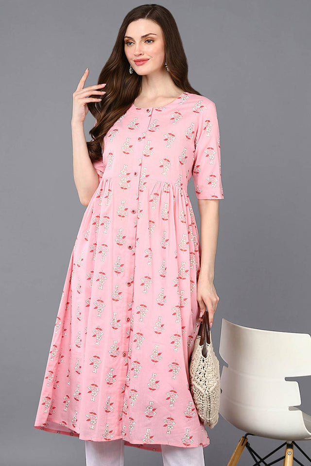 Pink Cotton Printed Flared Fit Kurti
