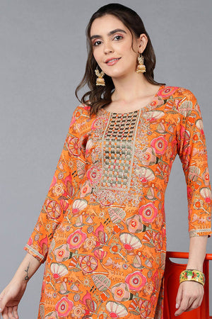 Orange Rayon Floral Print Round Neck Kurti