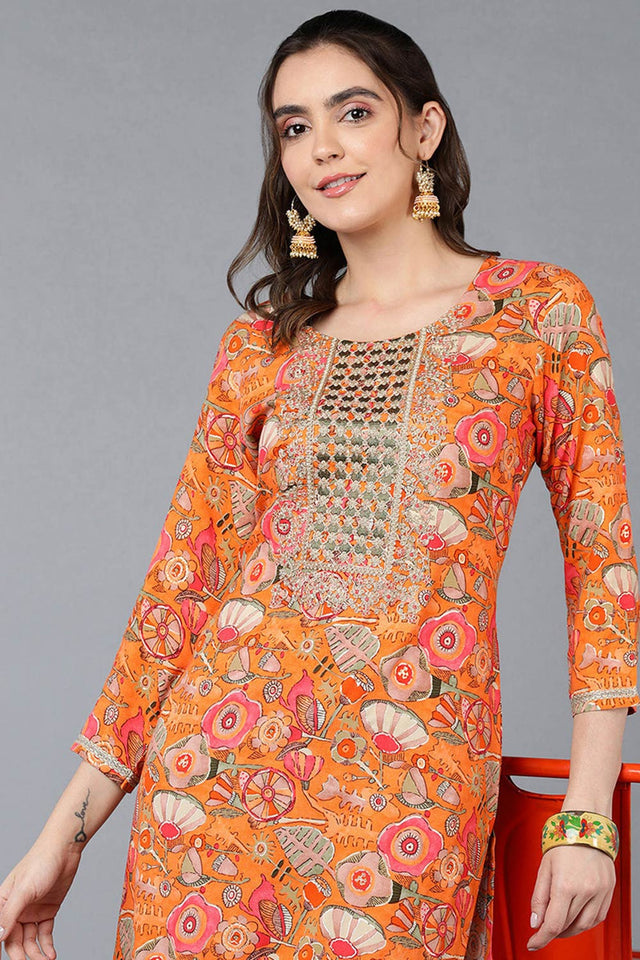 Orange Rayon Floral Print Round Neck Kurti