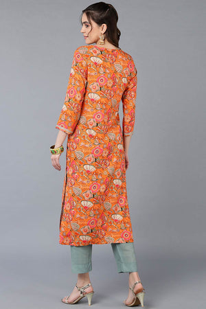 Orange Rayon Floral Print Round Neck Kurti