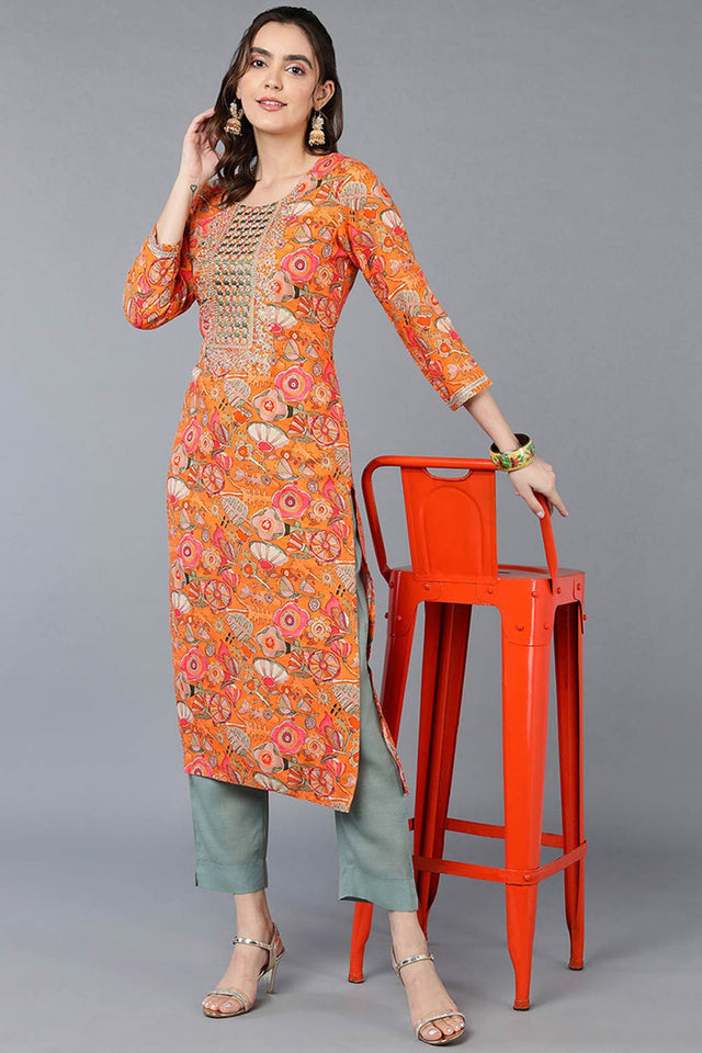 Orange Rayon Floral Print Round Neck Kurti