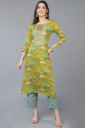 Green Rayon Floral Straight Kurti