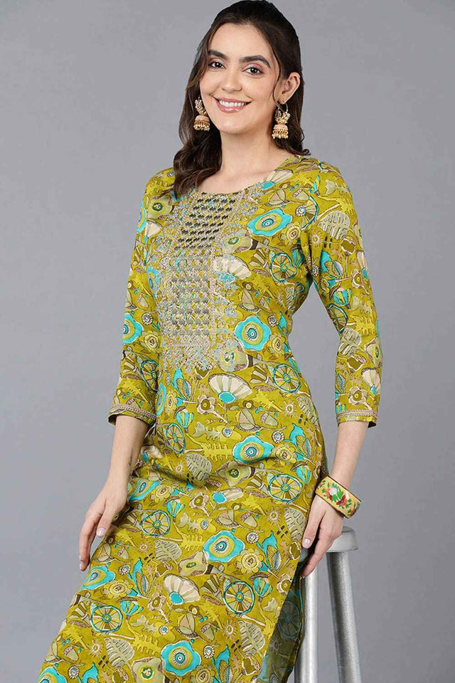 Green Rayon Floral Straight Kurti