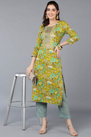 Green Rayon Floral Straight Kurti