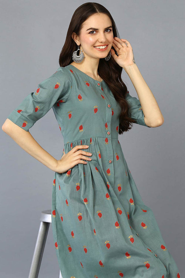 Green Cotton Bandhani Round Neck Kurti