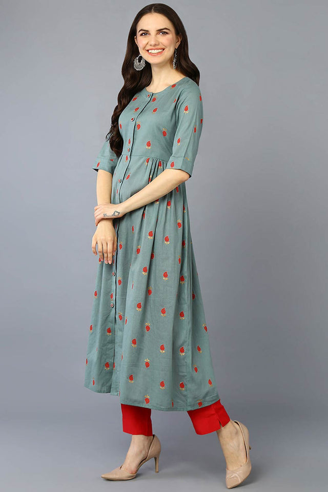 Green Cotton Bandhani Round Neck Kurti