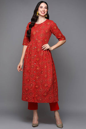 Red Cotton Floral Print Round Neck Kurti