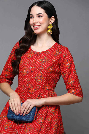 Red Cotton Floral Print Round Neck Kurti