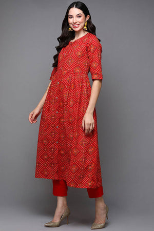 Red Cotton Floral Print Round Neck Kurti