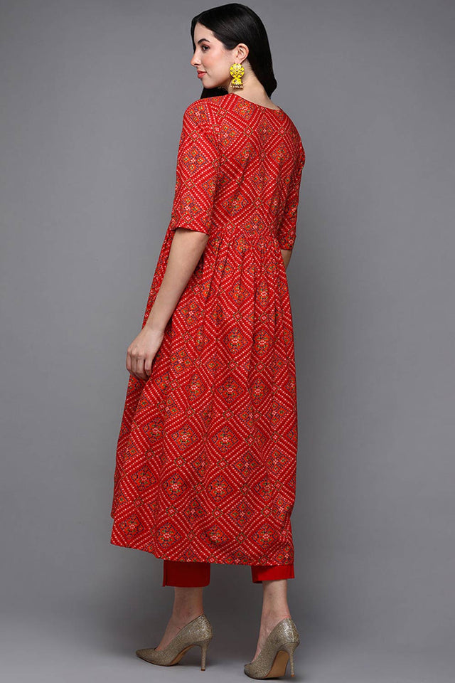 Red Cotton Floral Print Round Neck Kurti
