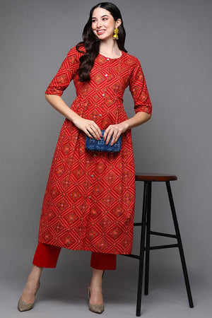 Red Cotton Floral Print Round Neck Kurti
