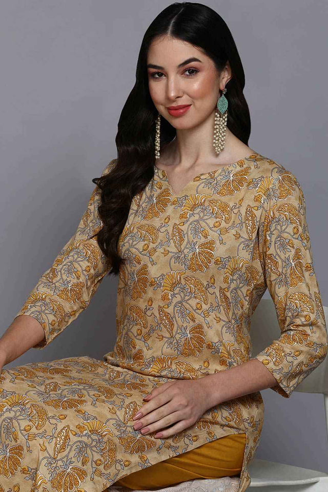 Yellow Rayon Floral Straight Kurti