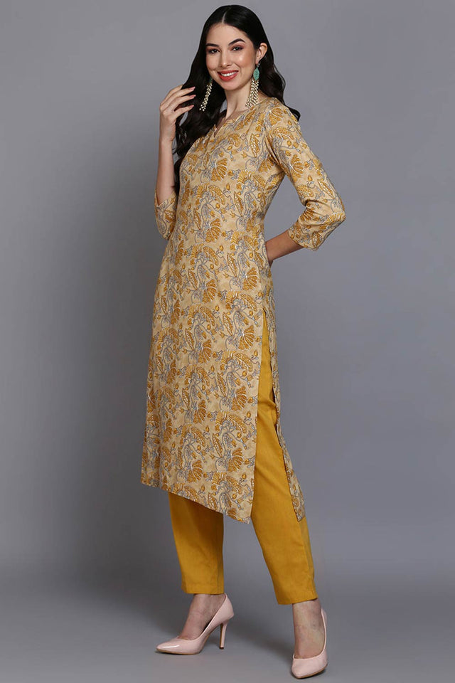 Yellow Rayon Floral Straight Kurti