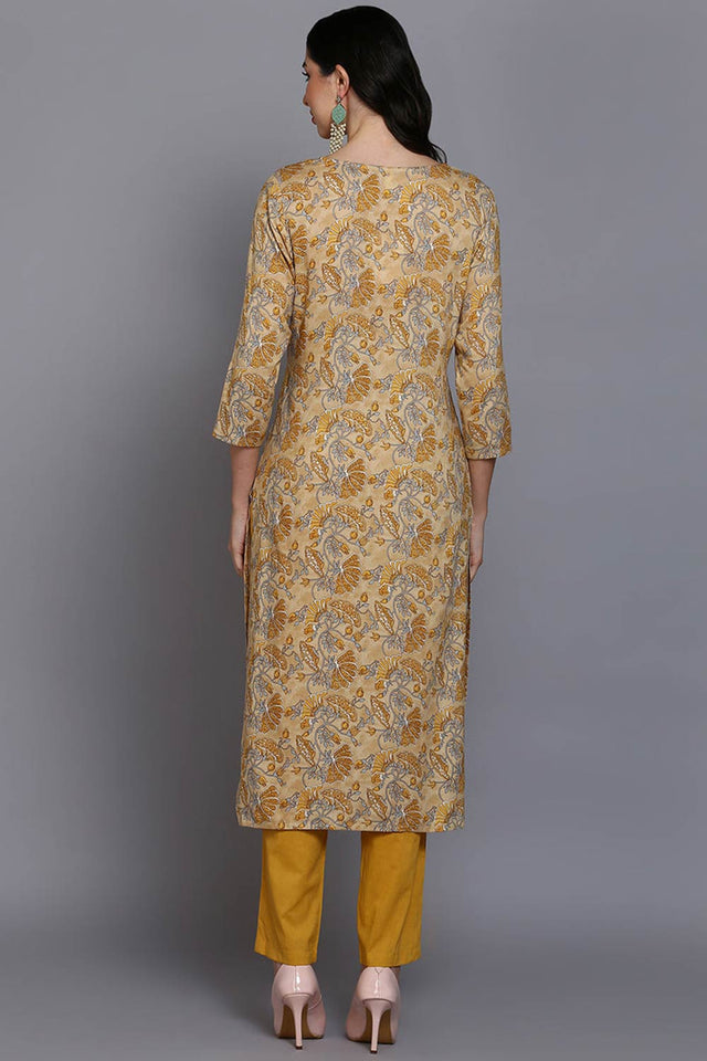 Yellow Rayon Floral Straight Kurti