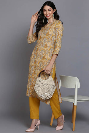 Yellow Rayon Floral Straight Kurti