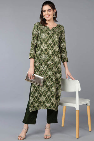 Green Rayon Printed Straight Kurti